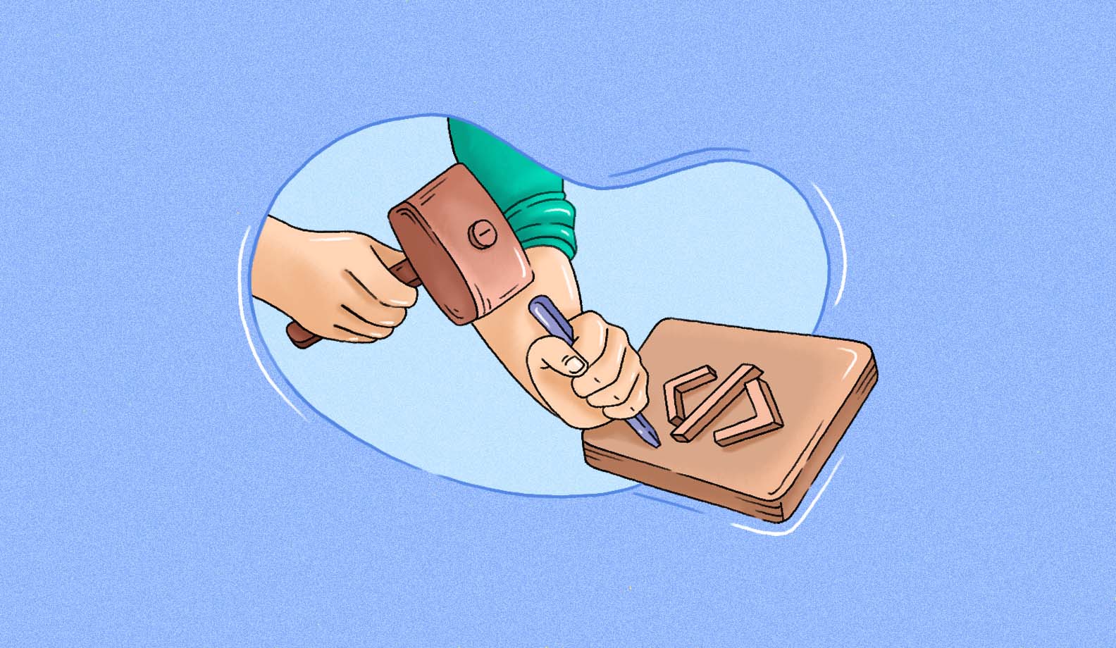 Illustration of a craftsman carving HTML/XML tag that symbolizes programming code onto a block of wood.