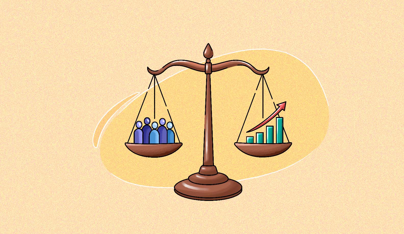 Illustration of a weighing balance that balances people and profits.