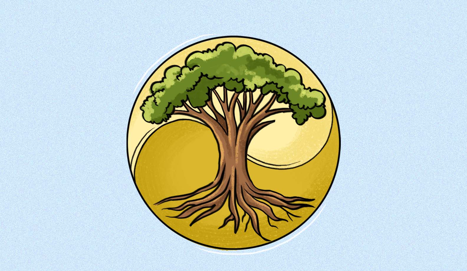 Illustration of a tree with roots inside a yin-and-yang circle.