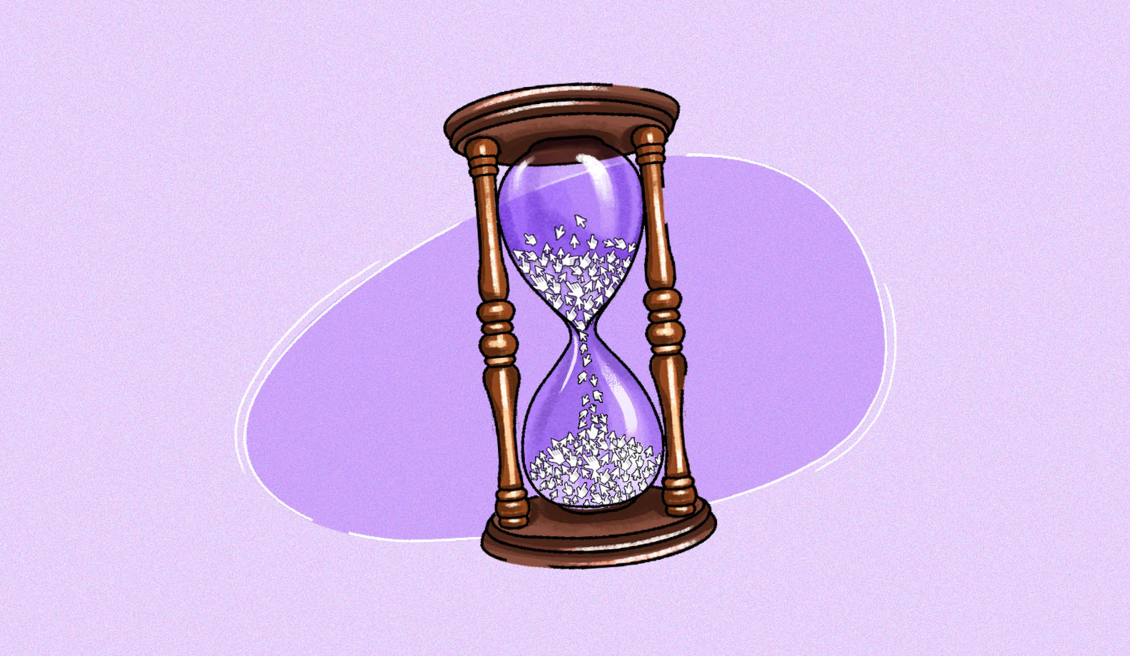 Illustration of cursors falling through an hourglass, symbolizing the measurement of everyday work.
