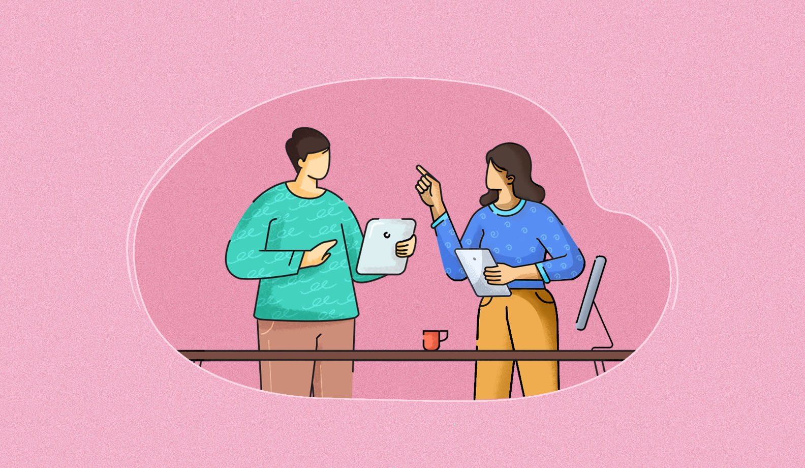 Illustration of two colleagues discussing at work.
