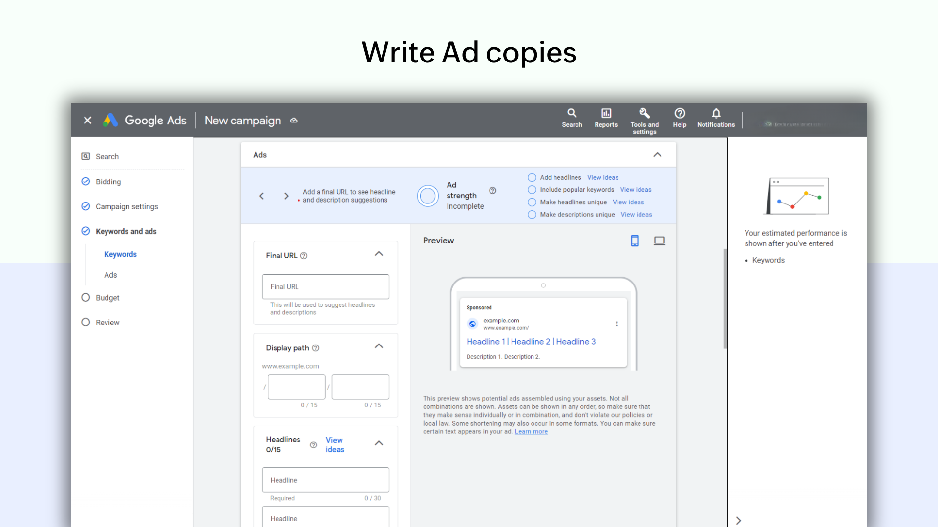 Screenshot of writing ad copies for Google ads