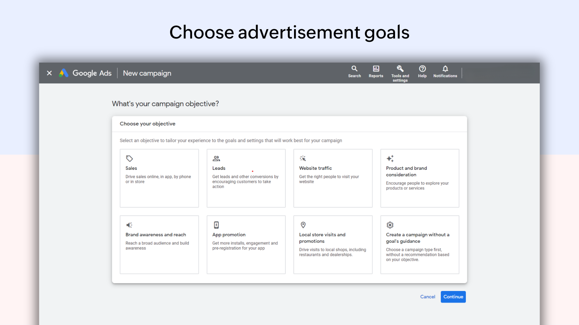 Screenshot of ad goals in Google Ad setup 