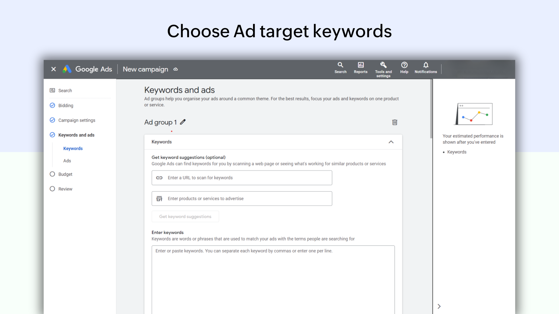 Screenshot of keyword selection in Google ad setup