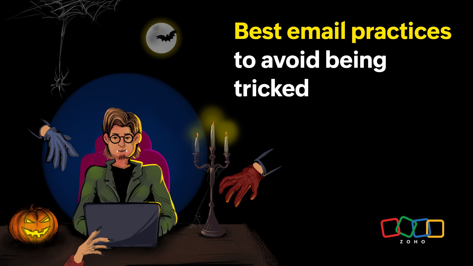 A person sitting in front of laptop with Halloween theme