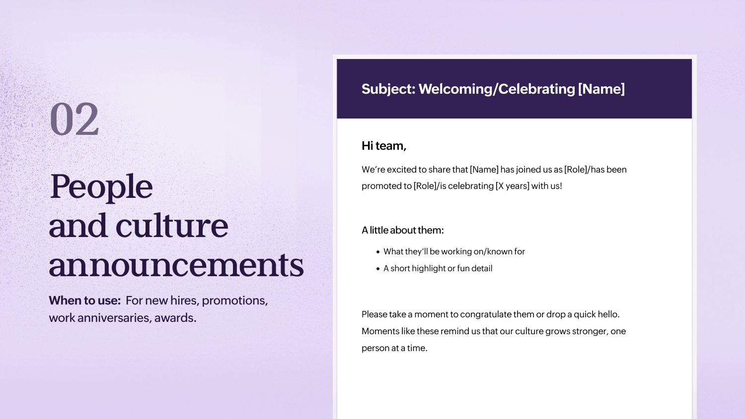 Template for cultural announcements in organizations