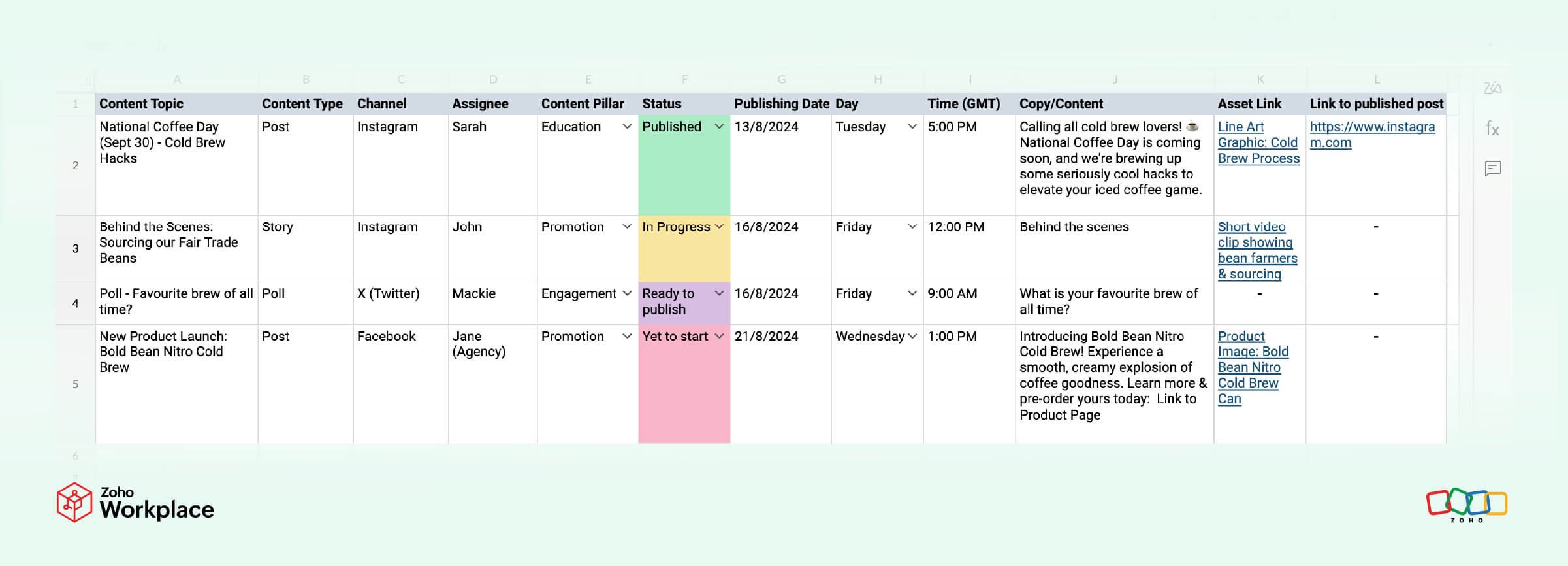 Social media content calendar screenshot