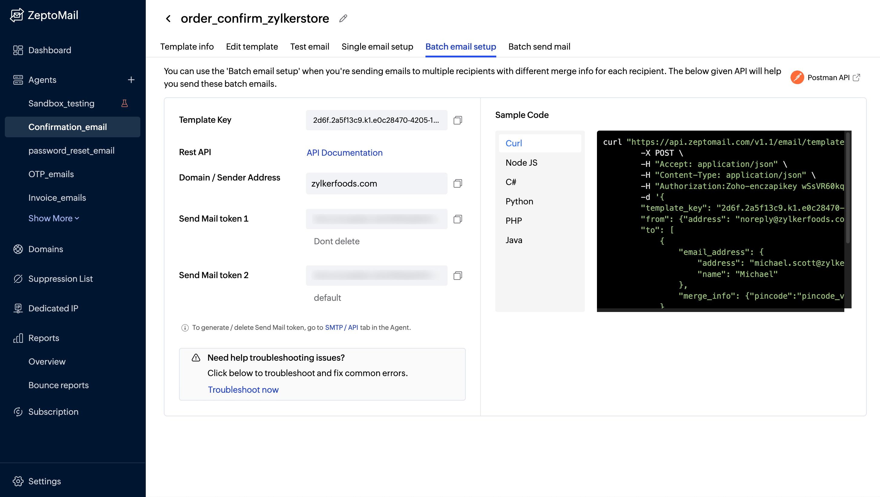 batch email setup in zeptomail