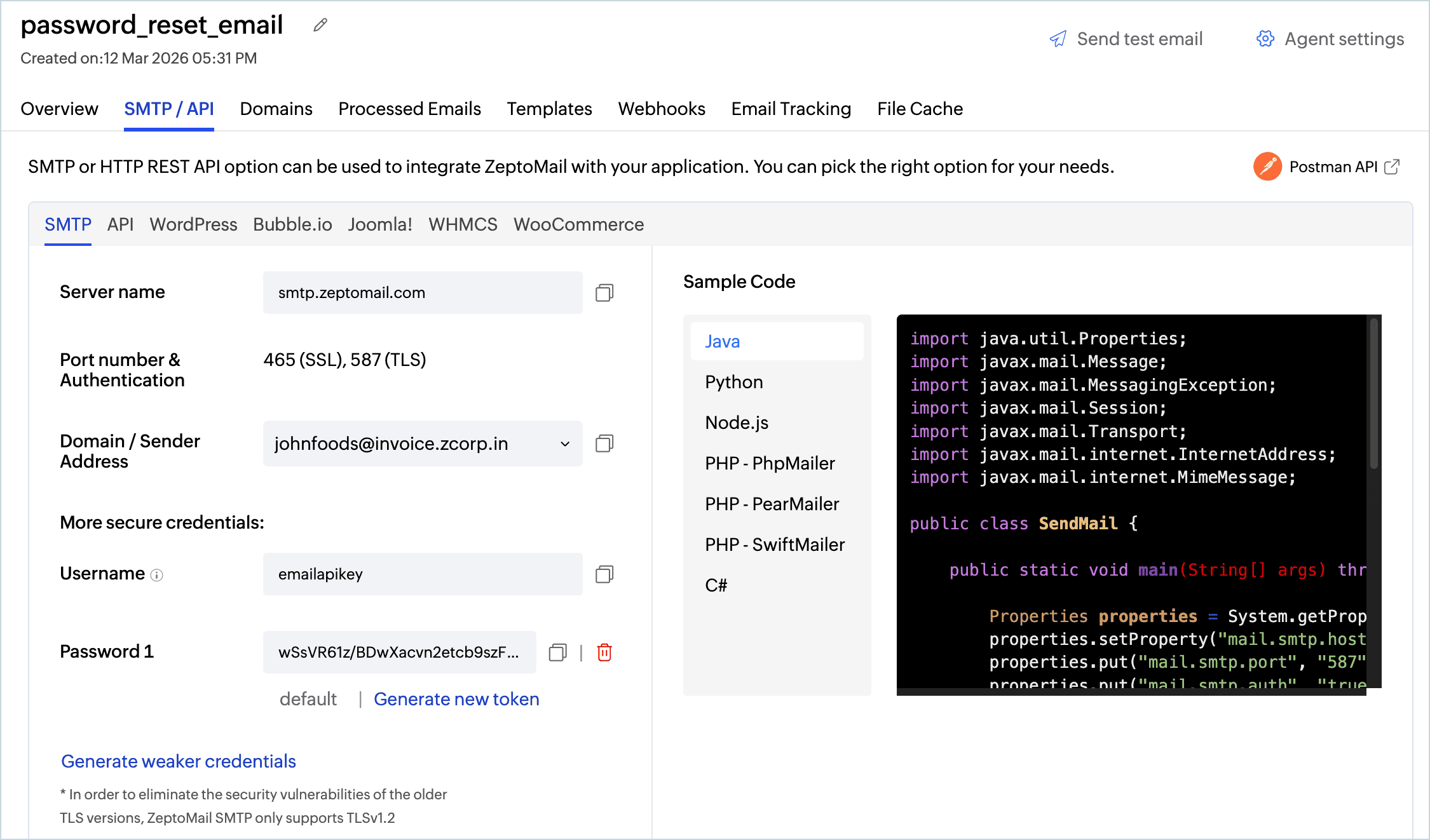 Configure SMTP for transactional email with ZeptoMail