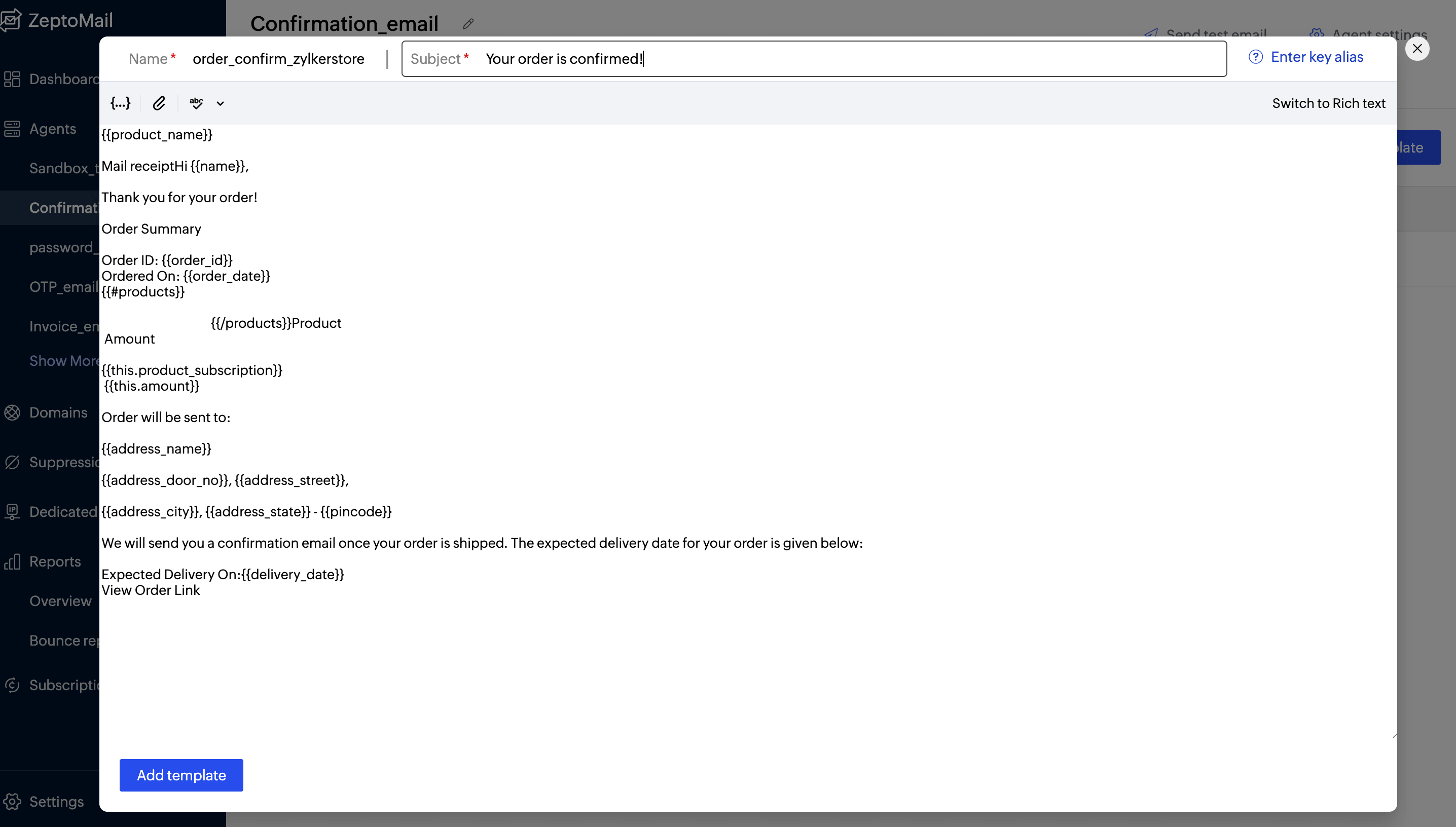 plain text editor in zeptomail