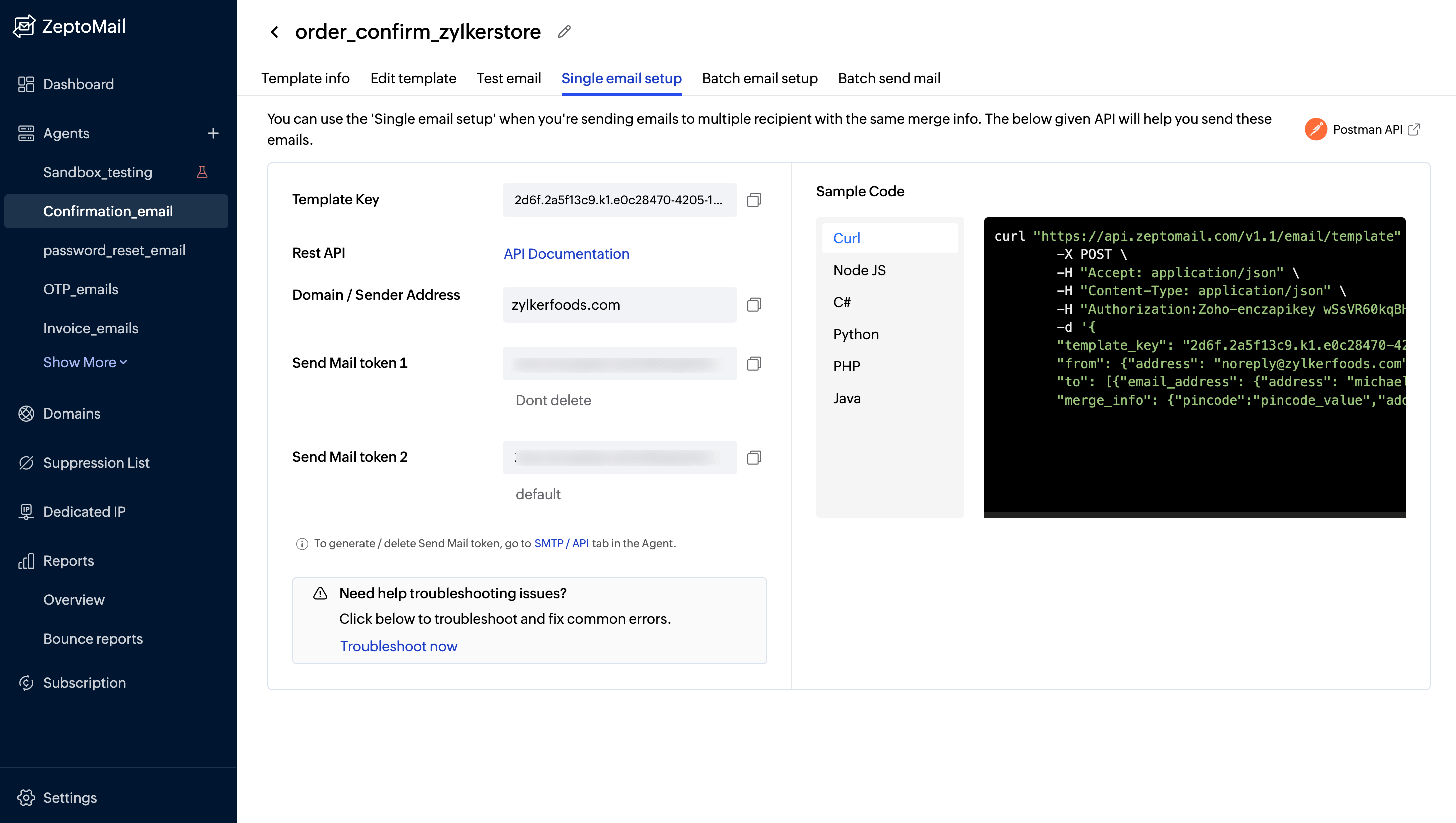 single email setup in zeptomail