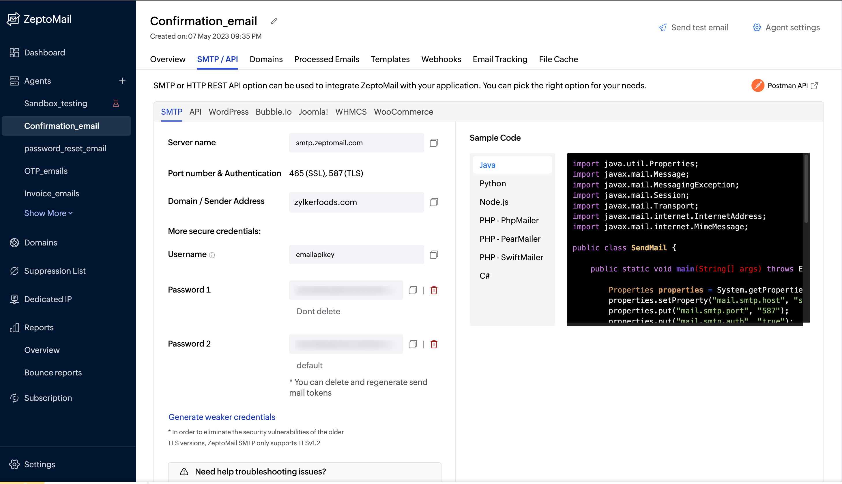 configure via smtp with zeptomail