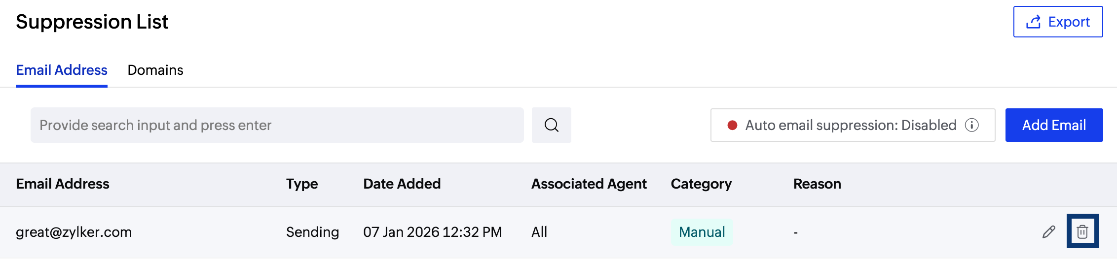 Delete suppression list entries Delete suppression list entries