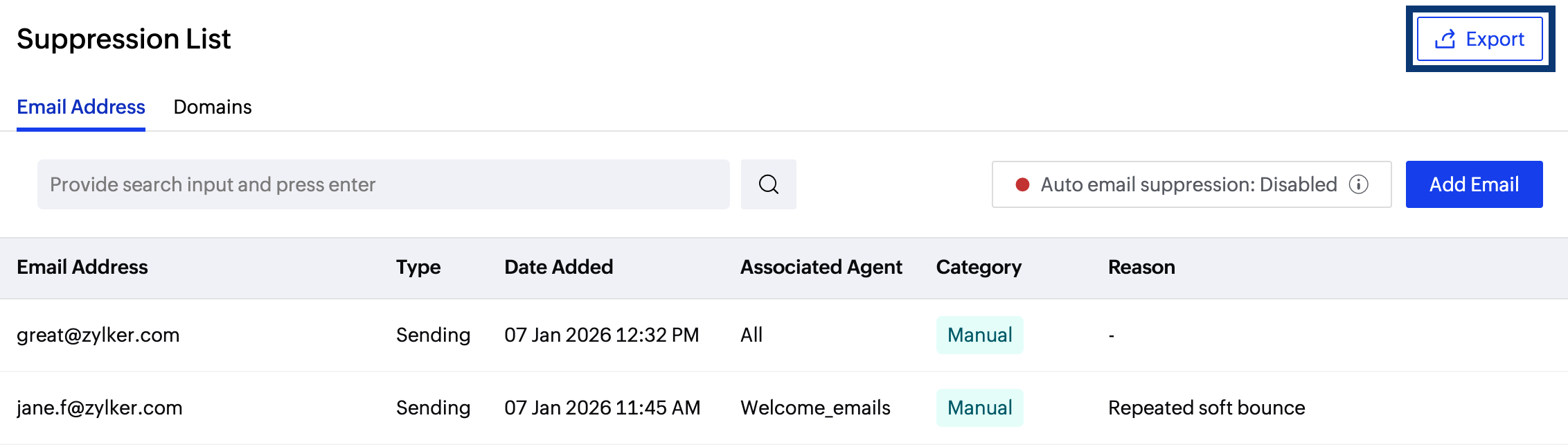 Export suppression logs Export suppression logs